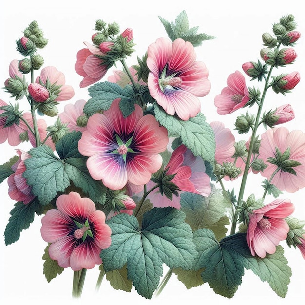 a picture of flowers with pink and green leaves