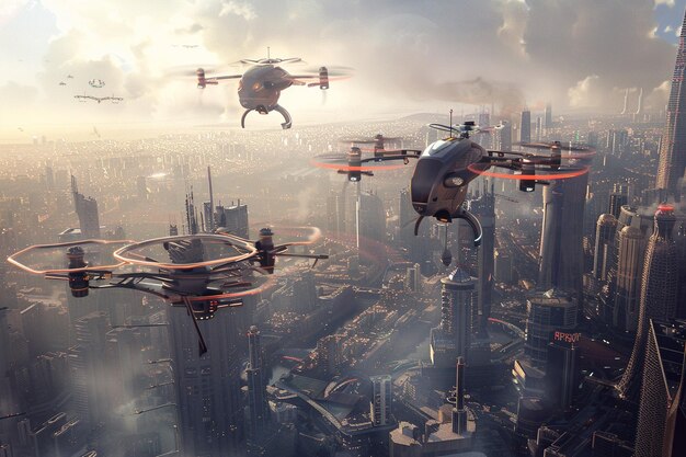 a picture of a flying drone with a city in the background