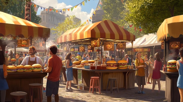 A picture of a food stand with people standing around it