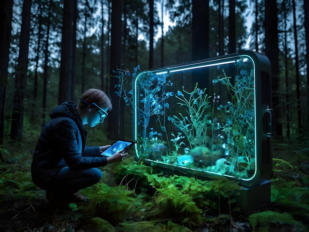 Photo picture a forest with glowing bioluminescent plants or animals interacting with futuristic gadgets