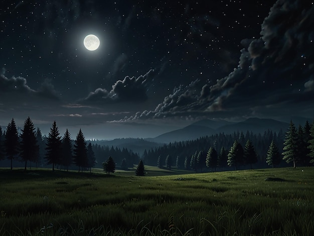 a picture of a forest with the moon in the sky