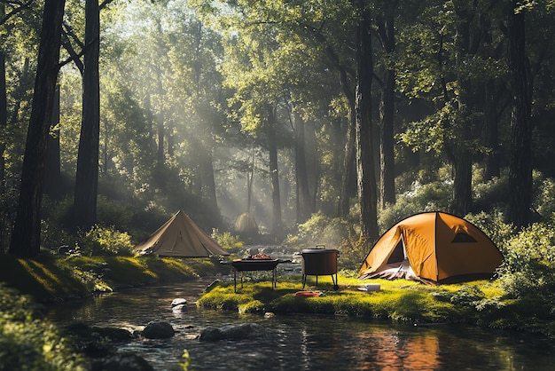 a picture of a forest with a river and a tent and a campfire