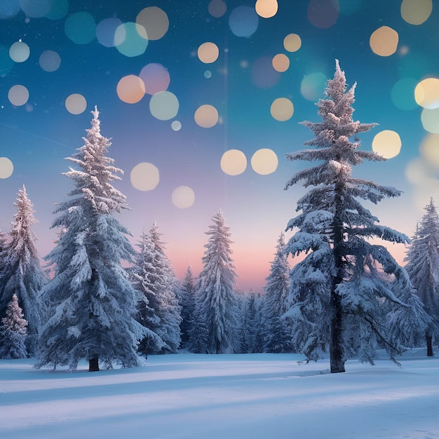 A picture of a forest with snow covered trees and a blue sky with a blurry background