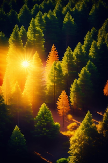 A picture of a forest with the sun shining on it