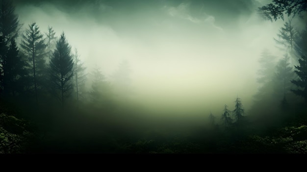 a picture of a forest with trees and fog