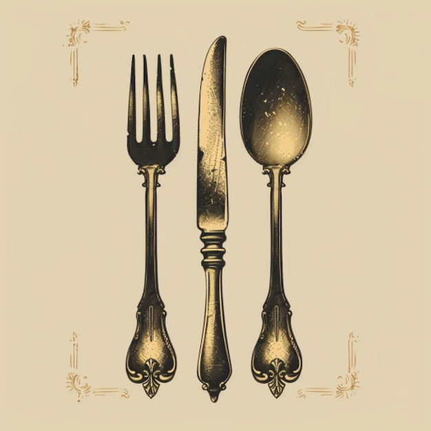 a picture of a fork and a knife with a gold handle