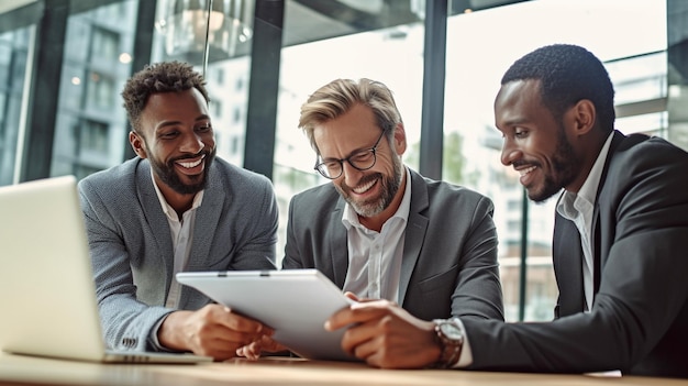 Picture of four businessmen from different ethnic backgrounds collaborating in the office GENERATE AI