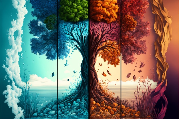 Picture of a four panel painting of a tree generative ai