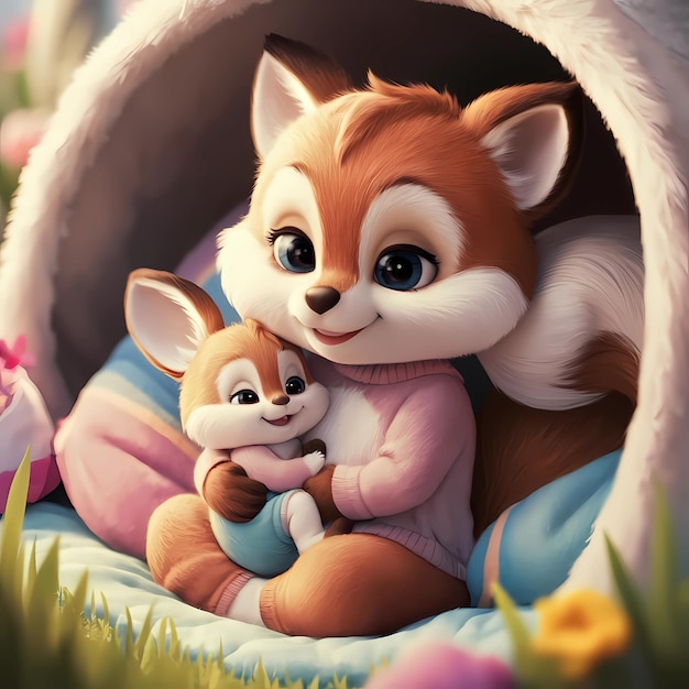 a picture of a fox and a rabbit in a garden mother rabbit illustration