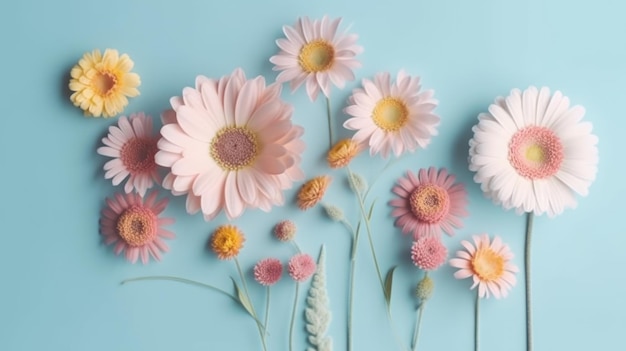 Picture of fragrant yellow pink white flowers on sky blue background aig