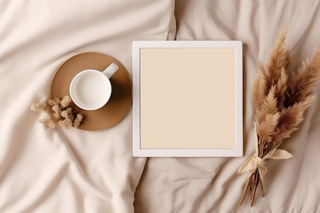 A picture frame and a cup of coffee on a plate with a plant on top of it.