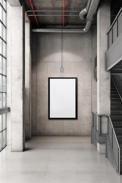 A picture frame hanging on a wall in a building Generative AI image Poster canvas mockup