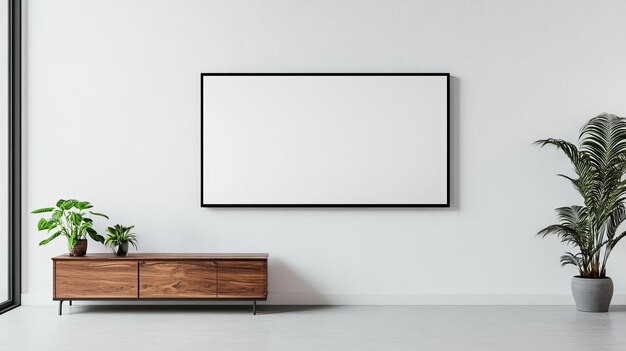 a picture frame hanging on a wall with a wooden table and a plant on the right