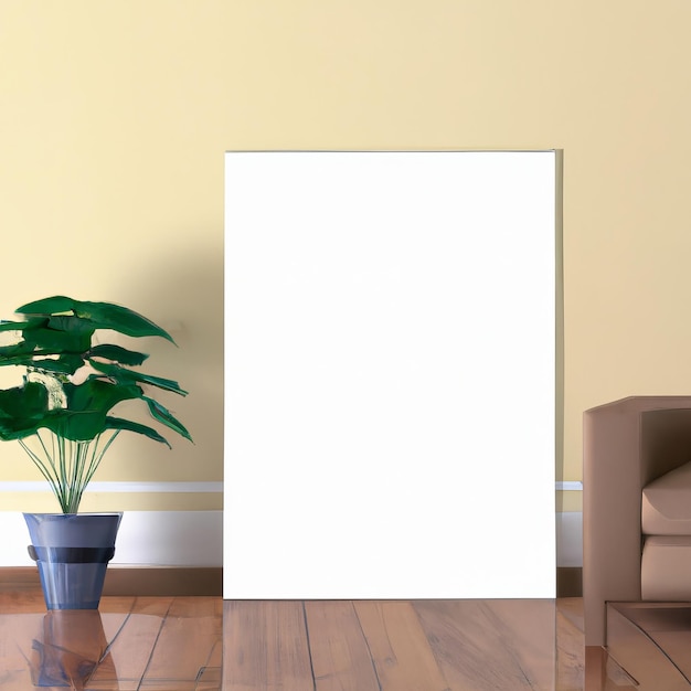 A picture frame is in front of a yellow wall and a plant is in a blue pot.