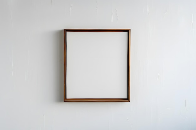 A picture frame is hanging on a white wall