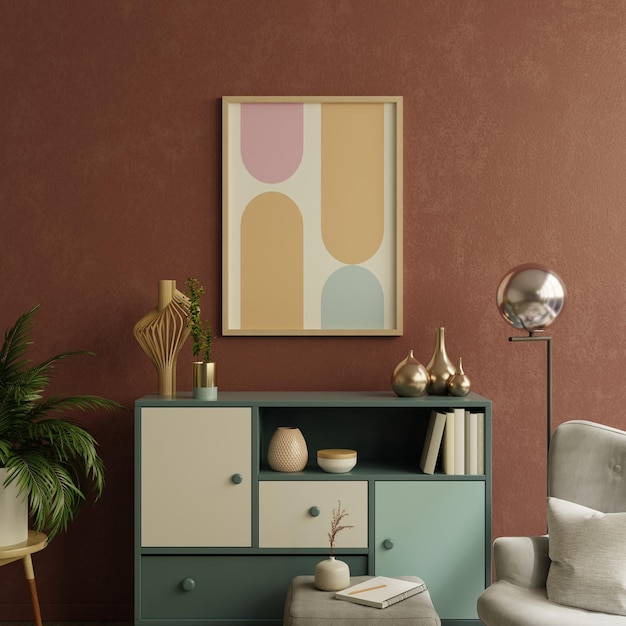 Picture frame mockup in warm tones with armchair and decoration minimal