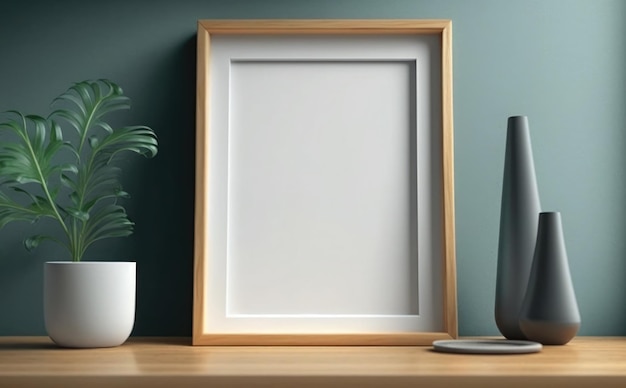 A picture frame sits on a table next to a plant.