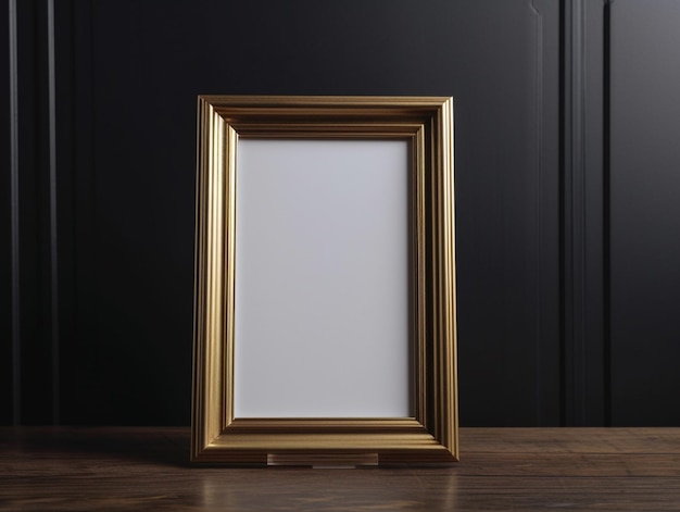 A picture frame sits on a table with a black background.