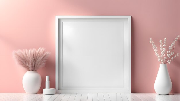 a picture frame sitting on a pink wall next to a vase with flowers