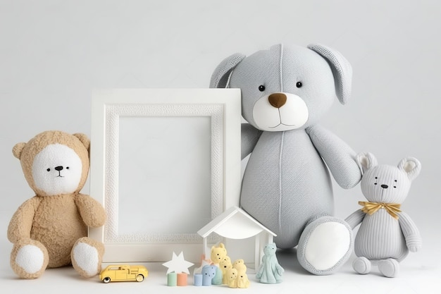 Picture frame and soft toys in a composition on a white background Childfriendly interior design