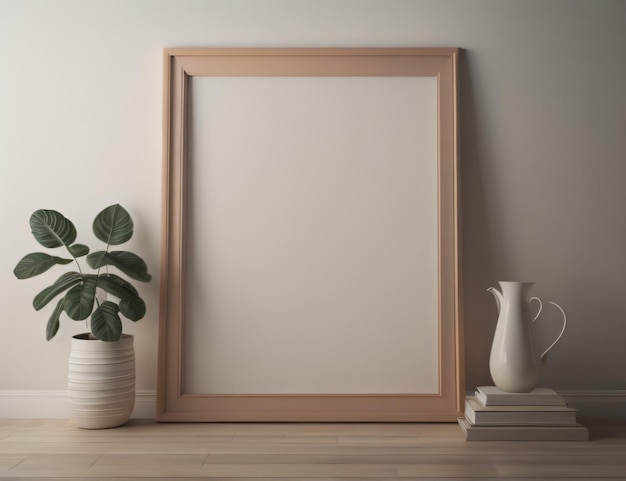 A picture frame next to a stack of books and a plant on a wooden table.