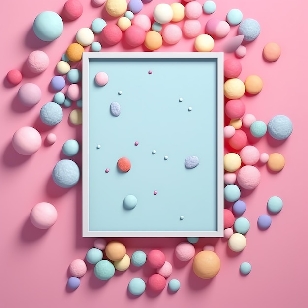 Picture frame surrounded by candy balls on a pink background