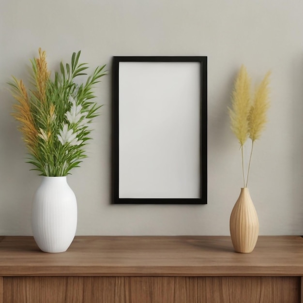 Picture frame on table with flower vase