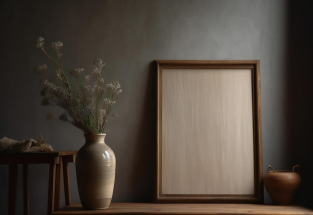 A picture frame and a vase of flowers are on a table.