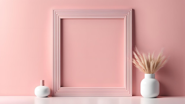 a picture frame and vases on a table