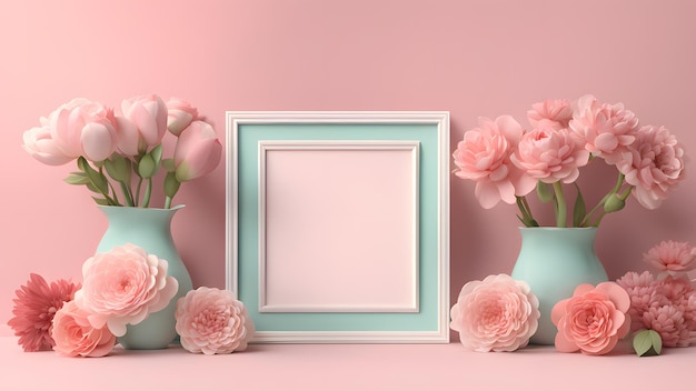 a picture frame and vases with flowers on a pink background