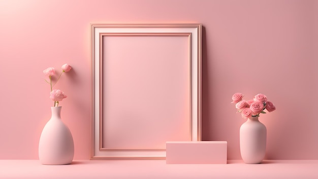 a picture frame and vases with flowers in them soft color pink