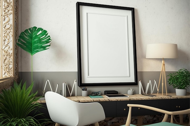 A picture frame on a wall in a living room with a plant in the background.