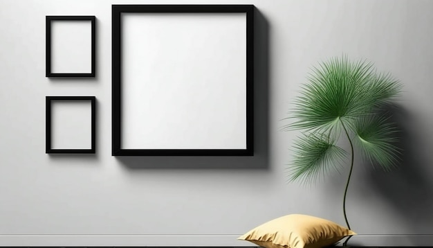 A picture frame on a wall with a plant next to it.