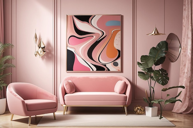 Picture frame with abstract art by a pink velvet armchair