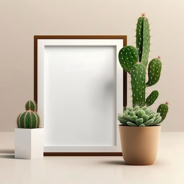 A picture frame with a cactus and a potted plant on it