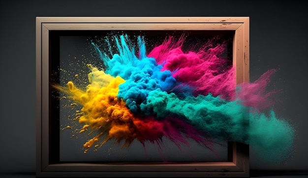 A picture frame with a colorful explosion of powder.