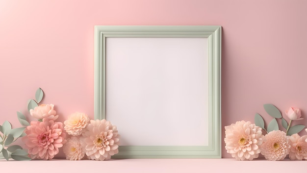 a picture frame with flowers and leaves on a pink background