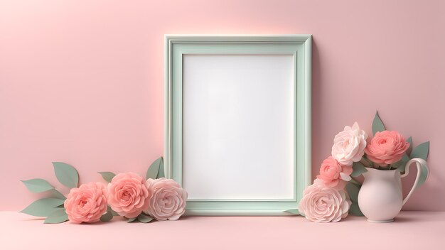 a picture frame with flowers and a pitcher soft color pastel background