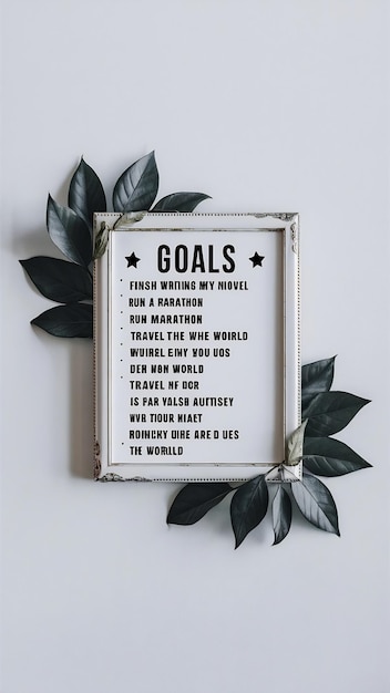 Picture frame with inspirational goals list on a white background