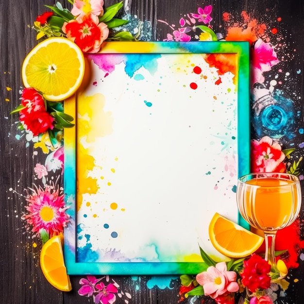 Picture frame with oranges flowers and glass of wine Generative AI