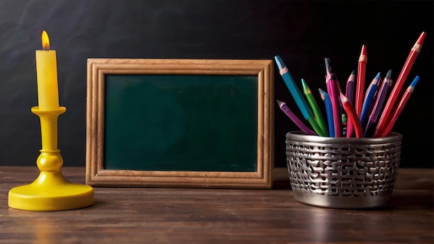 a picture frame with pencils in it and a frame with a picture frame on it