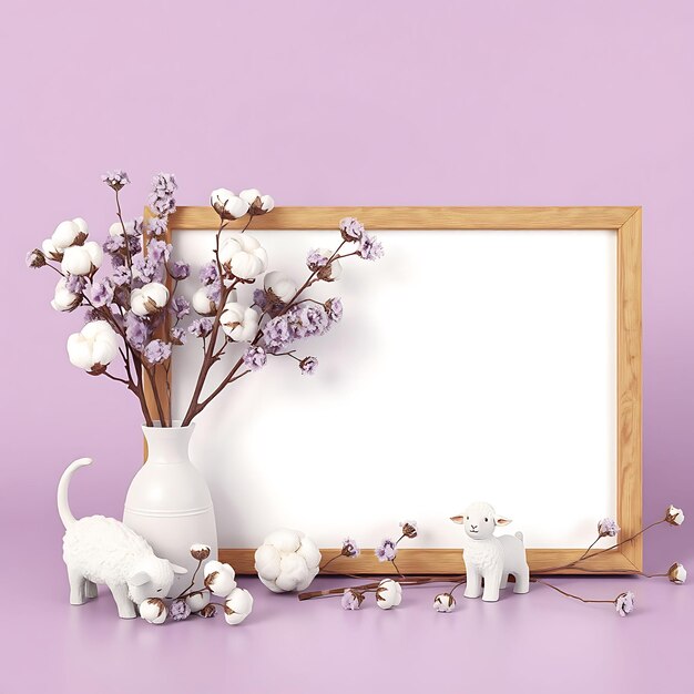 Photo a picture frame with a picture of flowers and a cat on it