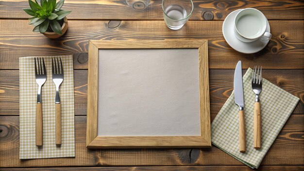 a picture frame with a picture of a table with glasses and a placemat