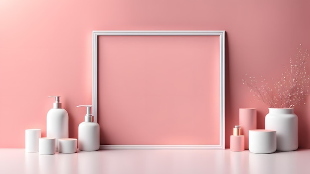 a picture frame with a pink wall and vases