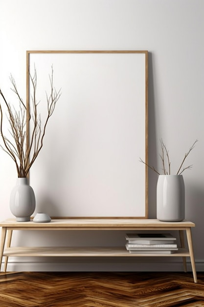 A picture frame with two vases of branches on a table.