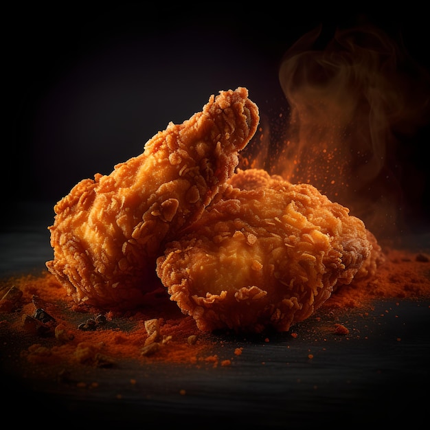 A picture of fried chicken with a smoke background.