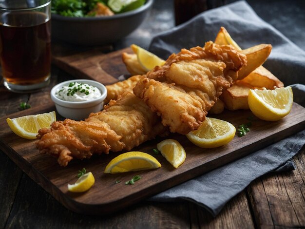 a picture of fried fish with lemon slices and lemon wedges