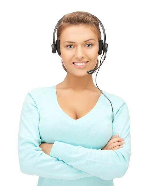 picture of friendly female helpline operator with headphones