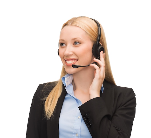 picture of friendly female helpline operator with headphones