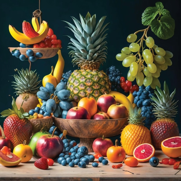 a picture of a fruit bowl with a bunch of bananas and a bowl of fruit